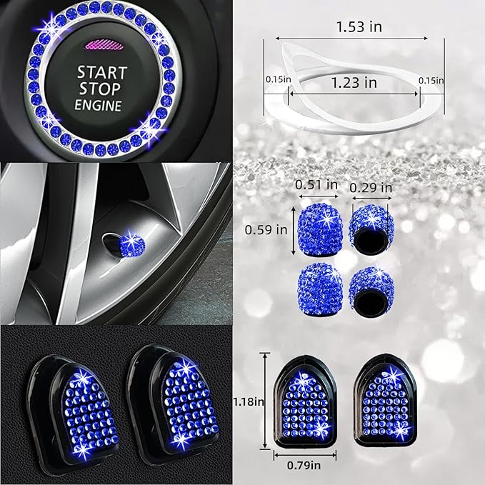 NBTEPEM 27 PCs Blue Bling Car Accessories Set for Women, Steering Wheel Covers Universal Fit 15 Inch, Bling License Plate Frame, Bling Phone Holder, Bling Car Coasters (Blue Diamond)