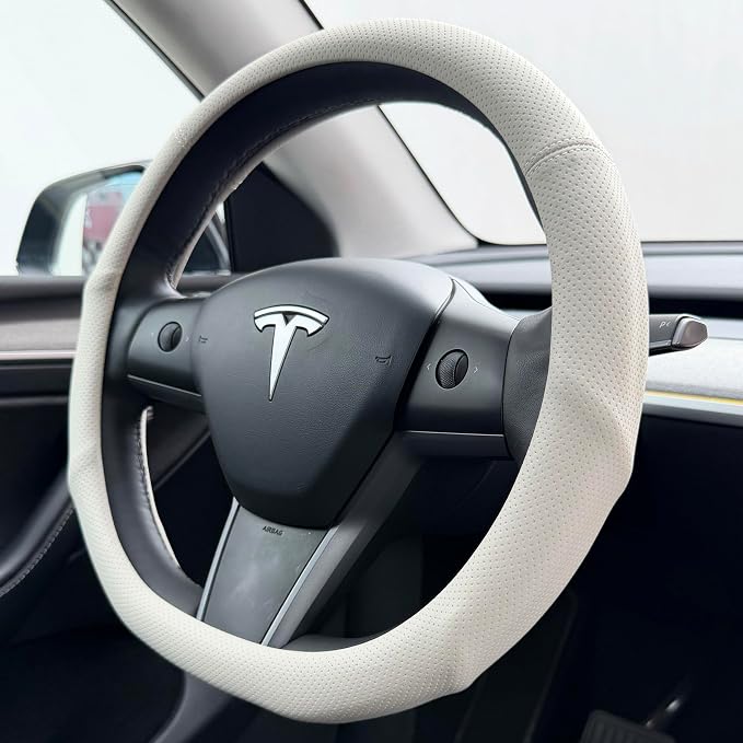 PINCTROT Supported Grip Nappa Leather Steering Wheel Cover for Tesla Model Y/3 Highland/Juniper, D Shaped 14 Inch Small Sized with Breathable Perforation, Flat Bottom 14 Inch(Cream White)