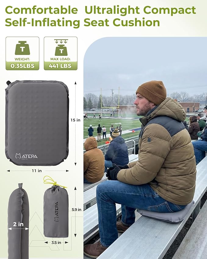 ATEPA Inflatable Seat Cushion, Compact Self-Inflating Seat Cushion for Stadium Airplane Air Travel Bleacher Camping, Blow Up Foam Seat Pad for Outdoor Sports Events Backpacking Hiking Sitting