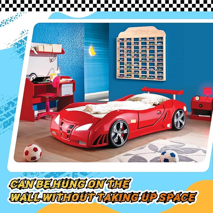 Seenelling Wooden Display Case for Hot Diecast Wheels, Wall Mount, 1/64 Scale, Toy Car Storage Display Shelf, Model Car Storage Organizer, Cabinet for Model Collectible(Wood Color,60 Spaces)