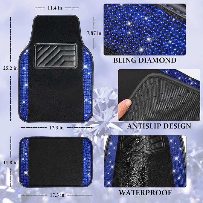CAR PASS Bling Diamond Leather Steering Wheel Cover 14.5in-15in Floor Mats Shining Rhinestone Carpet Sparkly Glitter Crystal Anti-Slip Pad Fit Automotive SUV Pickup Truck Girl Women, 5pcs Black Blue