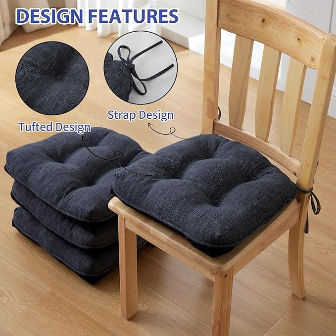 IPYNBAP Chair Cushions for Dining Chairs Set of 4, Kitchen Chair Cushions, Chair Pads with Ties and Non Slip Backing, Tufted Memory Foam Seat Cushion 4 Pack, 15.5" x 15.5" x 4", Navy Blue