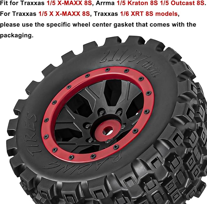 1/5 RC Tires and Wheels for Traxxas 1/5 X-MAXX 8S Arrma 1/5 Kraton 8S 1/5 Outcast 8S, RC Monster Truck Tires 24mm Hex Wheels (4PCS, Red)