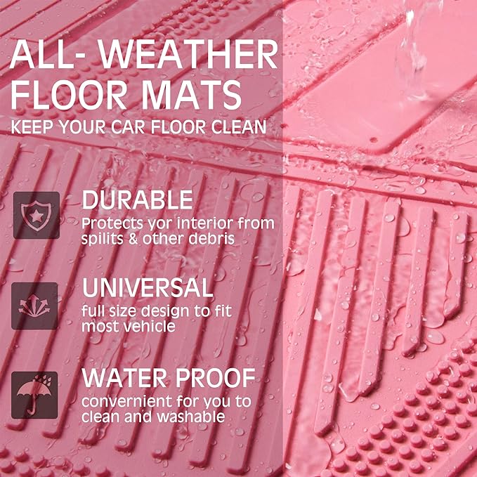 CAR PASS Heavy Duty Rubber Floor Mats Pink Car Mats Full Set with Trunk Cargo Liner - Universal Waterproof Floor Mats for Car SUV Truck, Durable All Weather Liner Mats Automotive Women (All Pink)