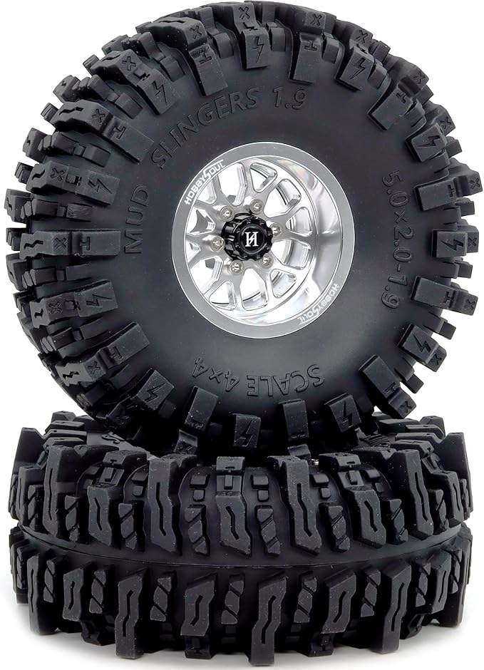 HOBBYSOUL 5.0'' Tall 1.9 Mud Slingers T8 tires & -10.5mm Negative Offset 1.9 Beadlock wheels rims For 1/10 Crawler SCX10 TRX4 high Trail Upgrades, HS701548
