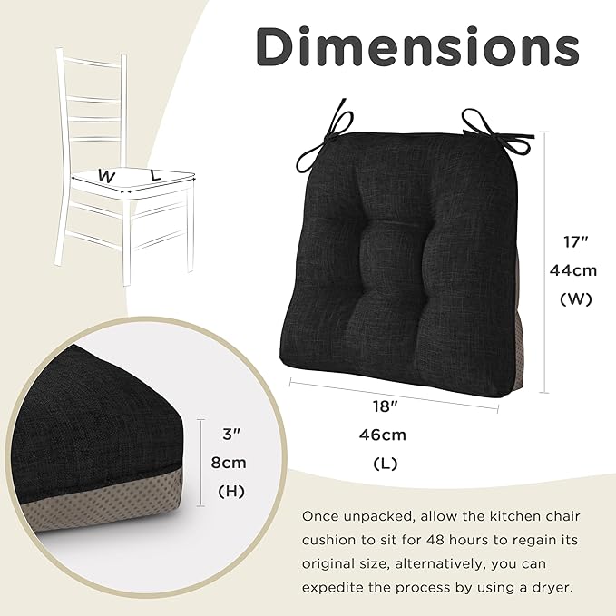 AddGrace Chair Cushions for Dining Chairs Set of 2 Kitchen Seat Cushions with Ties and Non Slip Backing Tufted Indoor Seat Pad for Kitchen Dining Room 18" x 17" x 3" Black