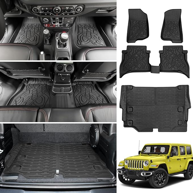 Cargo Mats for 2021-2025 Jeep Wrangler JL 4XE Floor Liners with Trunk Mat All Weather TPE Protector Rear Floor Trunk Liners for 2021 2022 2023 2024 2025 Wrangler JL 4XE 4 Door Accessories
