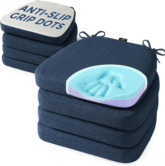 SUNROX Cooling Gel Memory Foam Chair Cushions, 2.6" Thick U-Shaped Dual-Layer Comfort Dining Chair Pads, Non Slip Seat Cushion with Ties for Indoor Kitchen Office 17"x16" Set of 8, Navy