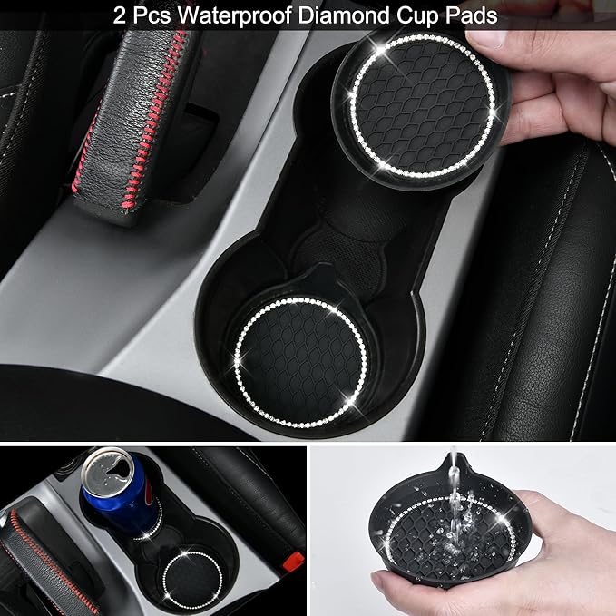 CAR PASS 34 PCS Bling Diamond Car Accessories Set for Women, Leather Car Seat Covers Steering Wheel Covers 15'', USB Charger Phone Holder Shining Rhinestone Sparkly, Cute Interior Decorations, Silver