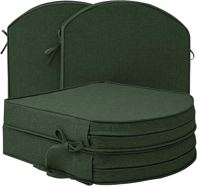 Outdoor Chair Cushions, Fade-Resistant & Water-Resistant, D Shaped Patio Furniture Seat Chair Pads Replacement with Ties, Non-Slip Bottom, Removable Cover, Set of 4, 18.5 x 16 Inch, Olive Green
