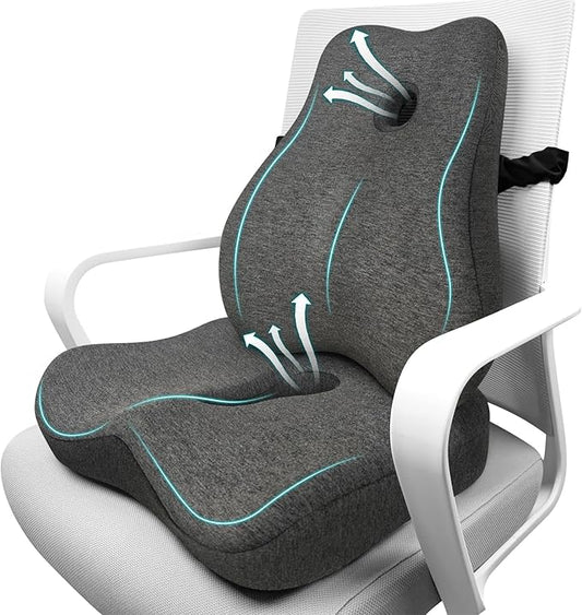 Seat Cushion & Lumbar Support Pillow Set for Office Chair, Ergonomic Pillow for Sciatica Pain Relief, Memory Foam Back Support Pillow & Chair Cushion for Car seat, Desk Chair (Grey)