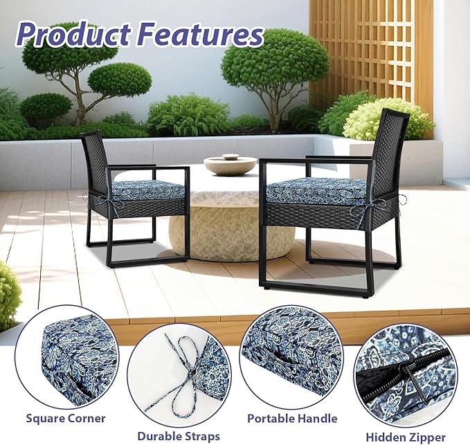 IPYNBAP Outdoor Chair Cushions Set of 4 -Waterproof Outdoor Seat Cushions for Patio Furniture, Patio Chair Cushion with Handle and Ties, Out Door Chair Pads,19x19x3-Square, Green Paisley