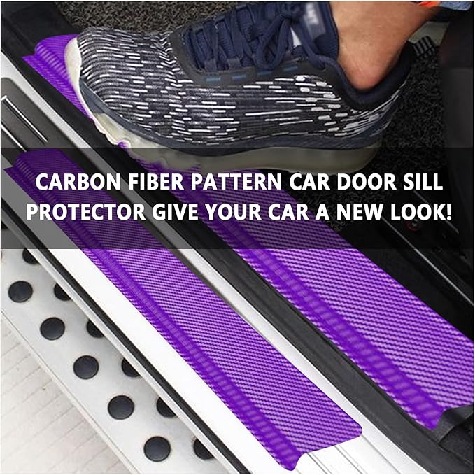 4PCS Car Door Sill Protector with Scraper,Carbon Fiber Car Door Protector Edge Guards for Front Rear Door Sills,Universal Anti-Scratch Car Door Threshold Strips (Purple)