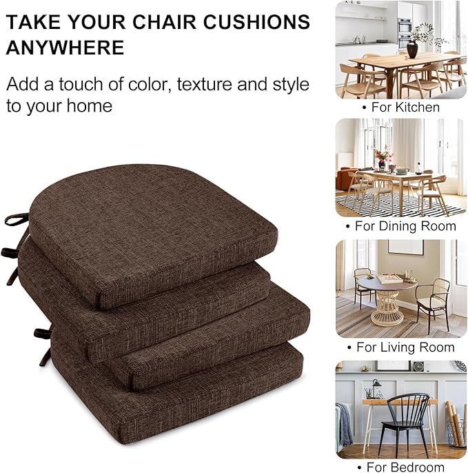 Wellsin Chair Cushions for Dining Chairs 4 Pack - Kitchen Chair Cushions with Ties and Non-Slip Backing - Dining Chair Pads 16"X16"X2", Brown