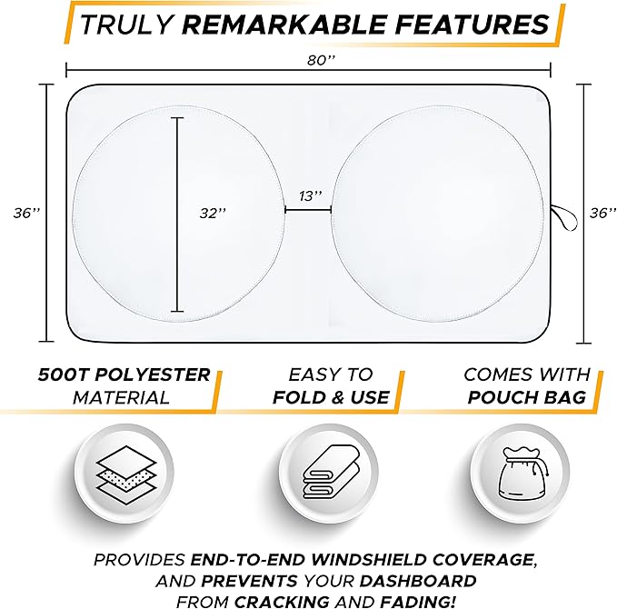 EcoNour Semi-Truck Sun Shade for Windshield (2 Ring) | 240T UV Protective Sunshade for Truck Windshield Maximum Coverage to Block UV/Sun Heat Rays