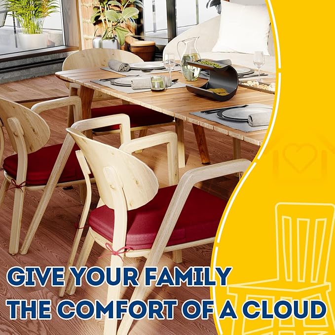 AAAAAcessories D-Shaped Chair Cushions, 2" Thick Dining Chair Pads with Ties and Removable, Machine-Washable Cover, 17" x 16", Wine Red