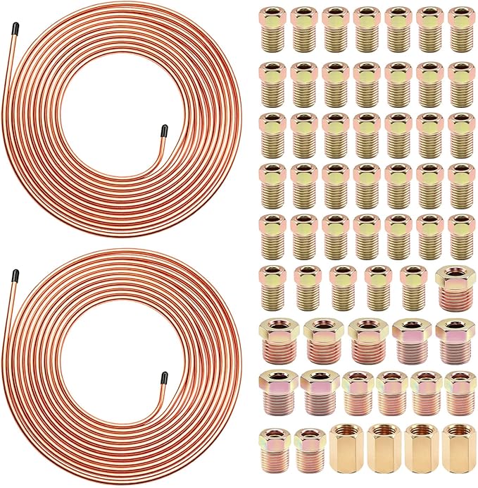 60Pcs 2 Sets 3/16 Inch 25 FT Brake Line Tubing Kit with 58 Pcs Brake Line Fittings, Copper Coated Alloy Steel Brake Lines Kit Replacement for Hydraulic Fuel Transmission Line