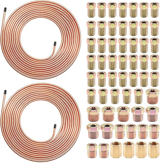 60Pcs 2 Sets 3/16 Inch 25 FT Brake Line Tubing Kit with 58 Pcs Brake Line Fittings, Copper Coated Alloy Steel Brake Lines Kit Replacement for Hydraulic Fuel Transmission Line