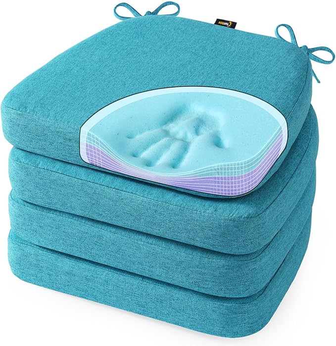 SUNROX Cooling Gel Memory Foam Chair Cushions, 2.6" Thick U-Shaped Dual-Layer Comfort Dining Chair Pads, Non Slip Seat Cushion with Ties for Indoor Kitchen Office 17"x16" Set of 4, Turquoise