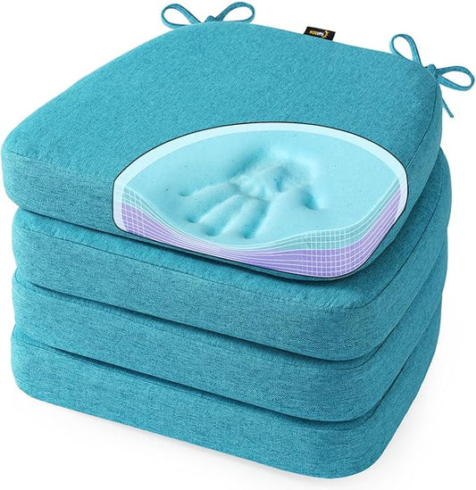 SUNROX Cooling Gel Memory Foam Chair Cushions, 2.6" Thick U-Shaped Dual-Layer Comfort Dining Chair Pads, Non Slip Seat Cushion with Ties for Indoor Kitchen Office 17"x16" Set of 4, Turquoise