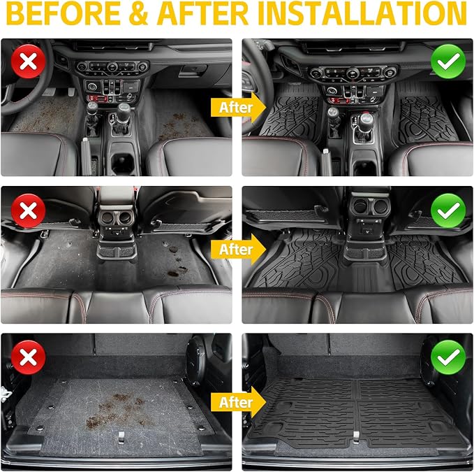 Cargo Mats for 2021-2025 Jeep Wrangler JL 4XE Floor Liners with Trunk Mat All Weather TPE Protector Rear Floor Trunk Liners for 2021 2022 2023 2024 2025 Wrangler JL 4XE 4 Door Accessories