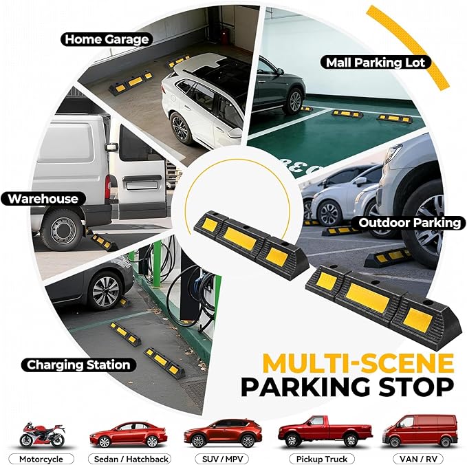 Auto Dynasty 2Pcs Heavy Duty Parking Aid for Garage, 23" Rubber Tire Stops for Garage Floor, High Visibility Garage Car Stopper with Reflective Safety Strips for Car Curb Floor Parking Lot