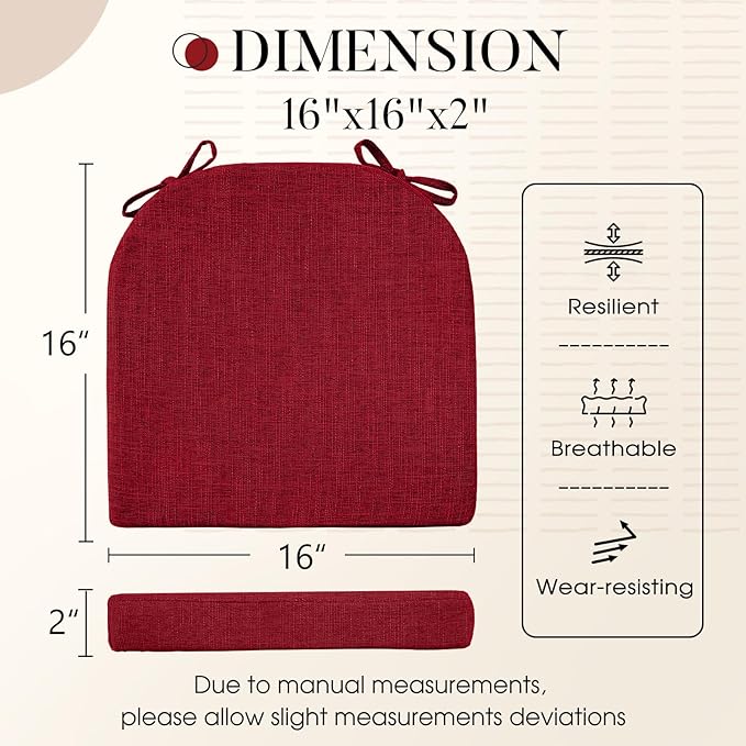 Basic Beyond Chair Cushions for Dining Chairs 4 Pack, Kitchen Chair Cushions with Ties and Non Slip Backing, 16 x 16 inches Chair Pads for Dining Chairs (Red)
