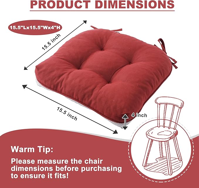 Battilo Chair Cushions Set of 4 for Dining Chairs, Seat Cushions for Kitchen Chairs with Non-Slip Backing, Indoor/Outdoor Waterproof Chair Seat Pads with Ties, 15.5"x15.5"x4", Red