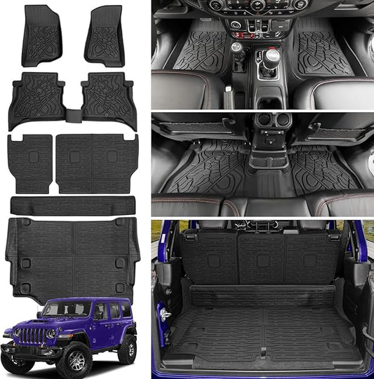 Cargo Mat with Floor Mat Compatible with 2021-2025 Jeep Wrangler JL Unlimited 4XE 4 Door, Floor Liner Seat Back Cover TPE Rear Cargo Liner for 2024 Jeep Wrangler JL/JLU Accessories