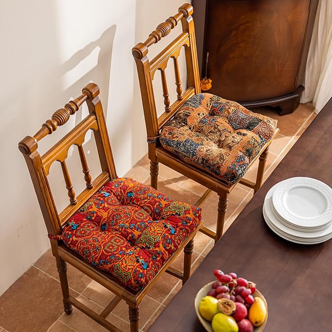 vctops Boho Paisley Chair Cushions with Ties Patchwork U-Shaped Soft Cozy Cotton Linen Chair Pads Non Slip Seat Cushions for Indoor Dining Room and Kitchen Chairs (Tan,18"x18")