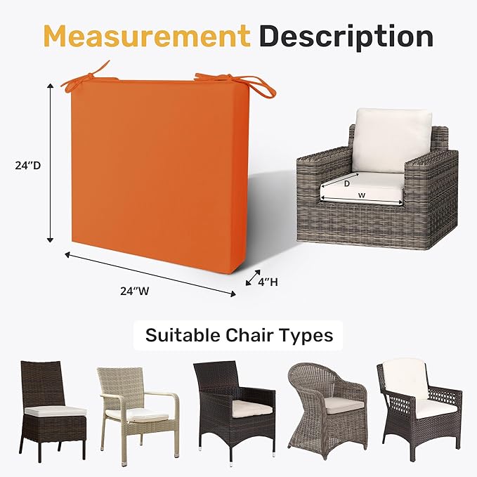 UNIKOME Outdoor Chair Cushions Pack of 4, Water Resistant Patio Cushions with Ties, High Density Sponge Filling Square Corner Seat Cushions for Outdoor Furniture, 24"*24"*4", Orange