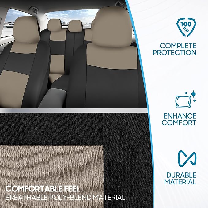 BDK PolyPro Car Seat Covers Full Set in Light Beige on Black, Front and Rear Split Bench Seat Covers for Cars, Easy to Install Car Seats Cover Set and Accessories for Auto Trucks Van SUV - Light Beige