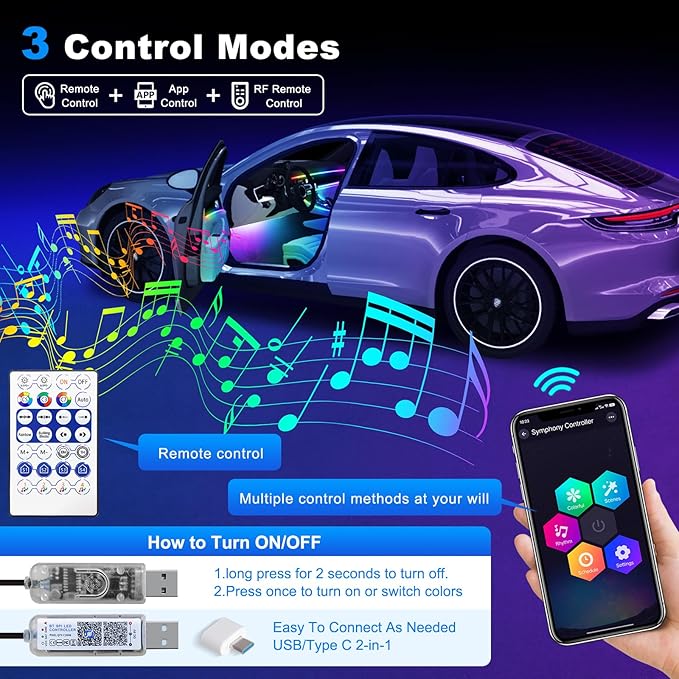 Dreamcolor Acrylic Interior Car LED Strip Light with Motion Sensor Switch, 55.1 inches Neon LED Strip Light, RGB Colors Ambient Lighting Kits