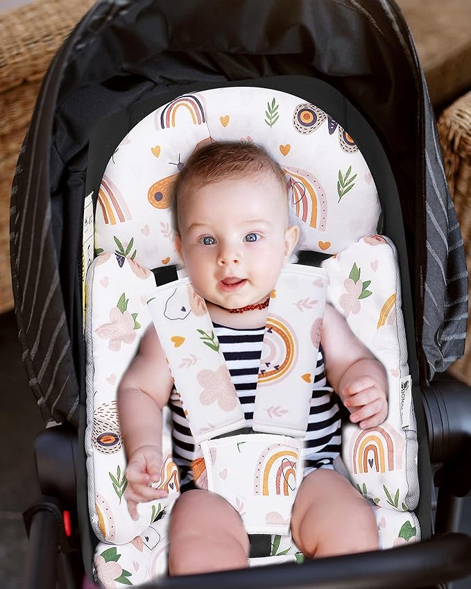 BOMOLOUR Infant Insert, Enlarged Head Support for Baby, Reversible Newborn Insert with 3 Strap Covers, 2-in-1 Baby Cushion for Stroller, Swing, Bouncer, Rocker - Brown Rainbow