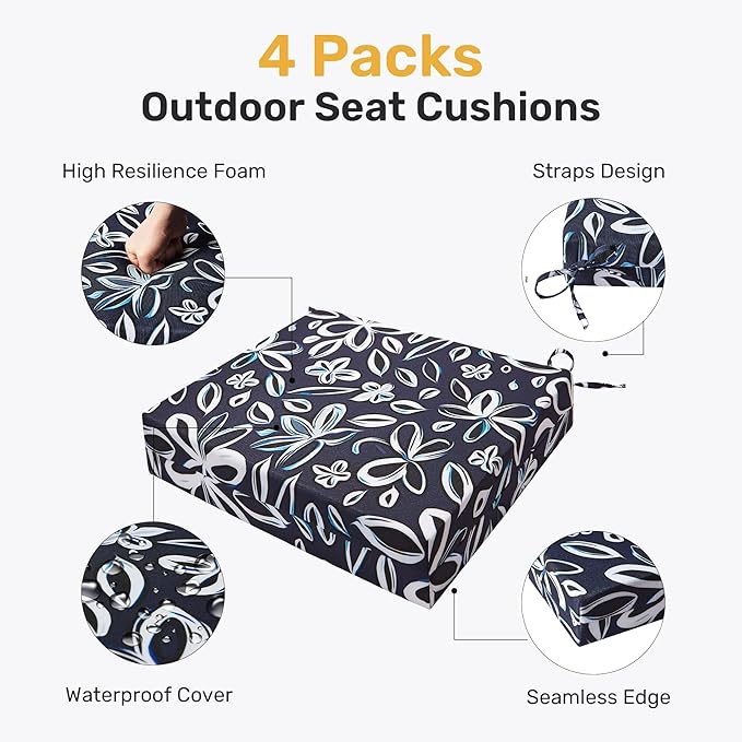 UNIKOME Outdoor Chair Cushions Pack of 4, Water Resistant Patio Cushions with Ties, High Density Sponge Filling Square Corner Seat Cushions for Outdoor Furniture, 24"*24"*4", Navy/White