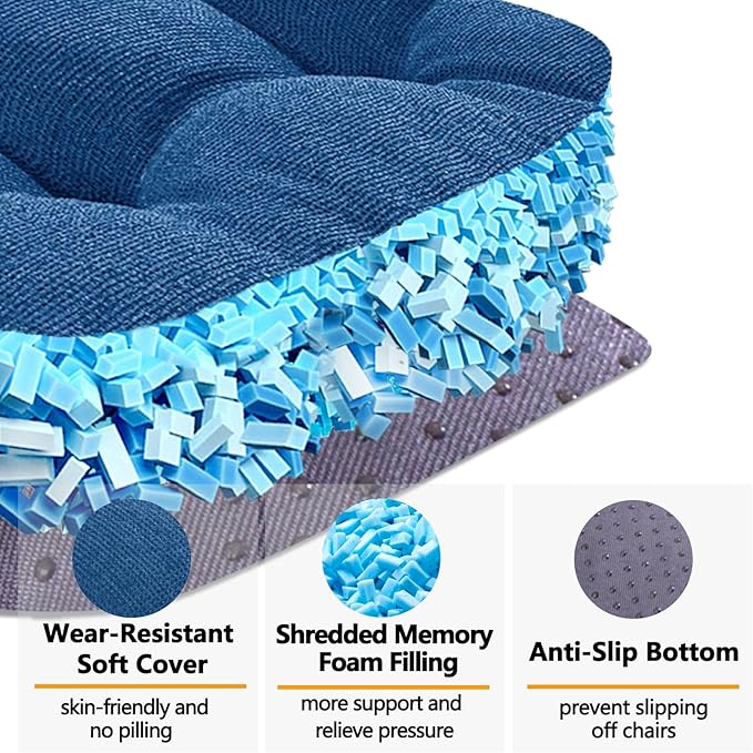 MAGIC ELEPHANT Chair Cushions for Dining Chairs, Memory Foam Kitchen Chair Cushions Set of 4, Non-Slip Thick Dining Room Chair Pads Seat Cushions, 15.5" x 15.5" x 4" (Blue)