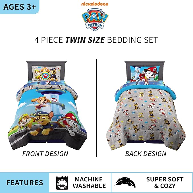 Franco Kids Bedding Super Soft Comforter and Sheet Set, 4 Piece Twin Size, Paw Patrol (Prints may vary)