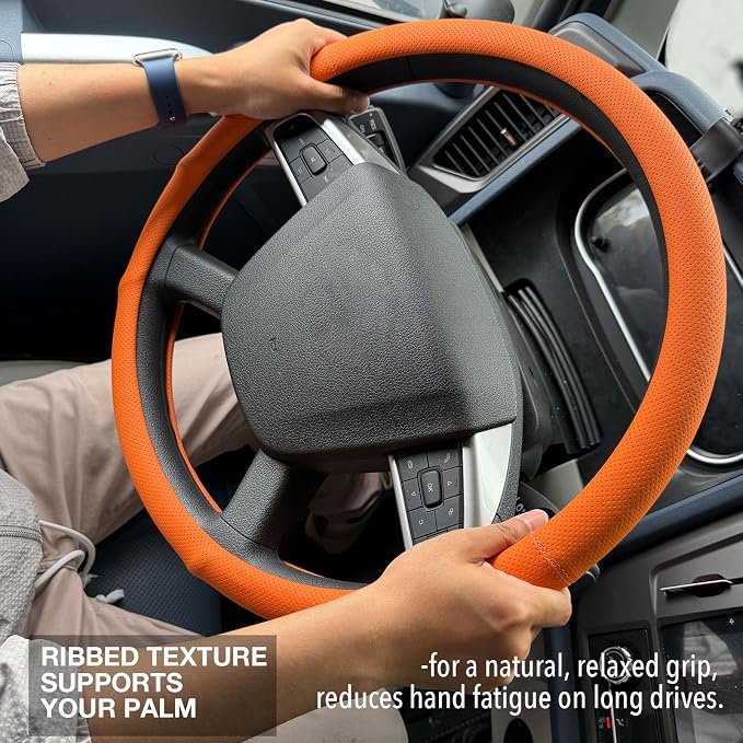 PINCTROT XL 17.5-18in Nappa Leather Supported Grip Steering Wheel Cover for Semi Truck, Fits RV, Big Rig Trucker, 18 Wheeler and Classic Cars, Anti-Slip Perforated Design 17.5-18 Inch (Hot Orange)