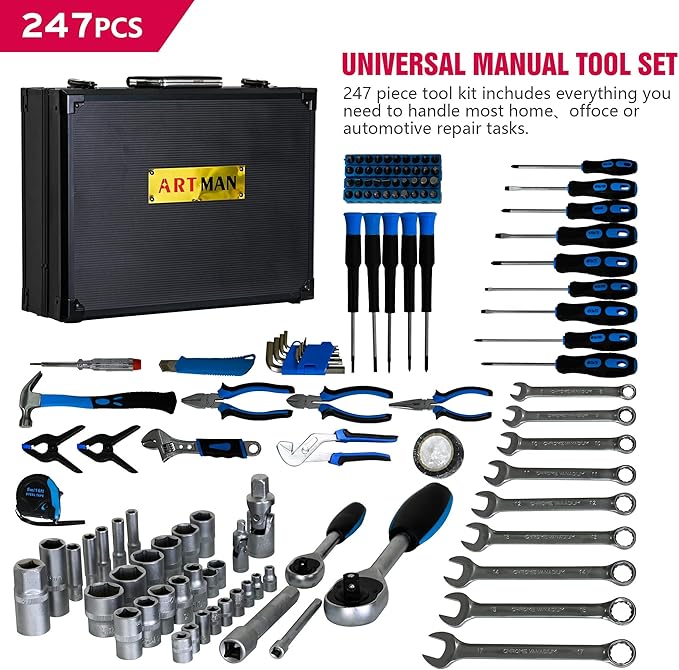 247-Piece Mechanics Tool Set, CR-V Socket Wrench Set in Heavy-Duty Aluminum Case, Complete Automotive Repair & Handyman Tool Kit for Men, Workshop, & Machinery, Blue