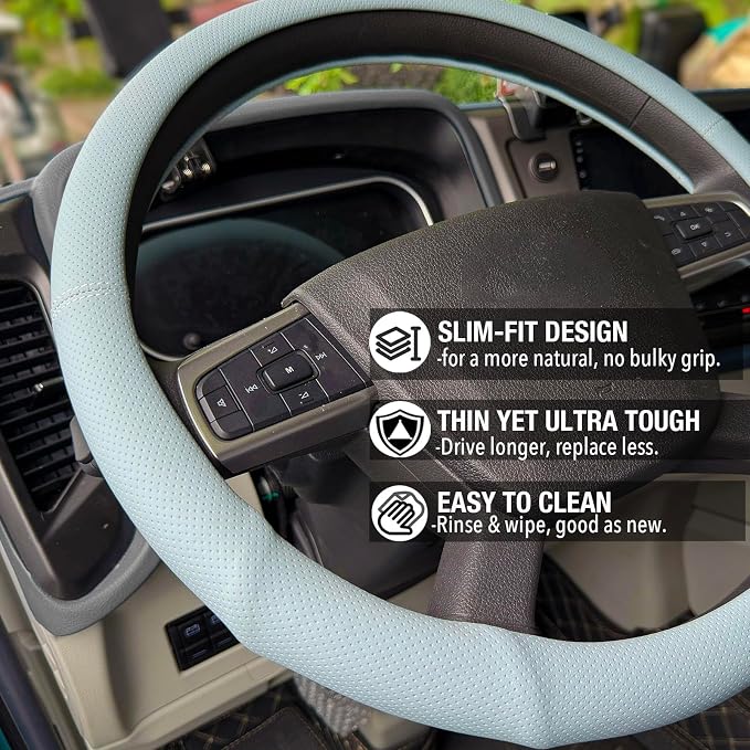 PINCTROT XL 17.5-18in Nappa Leather Supported Grip Steering Wheel Cover for Semi Truck, Fits RV, Big Rig Trucker, 18 Wheeler and Classic Cars, Anti-Slip Slim Perforated Design 17.5-18 Inch (Ice Blue)