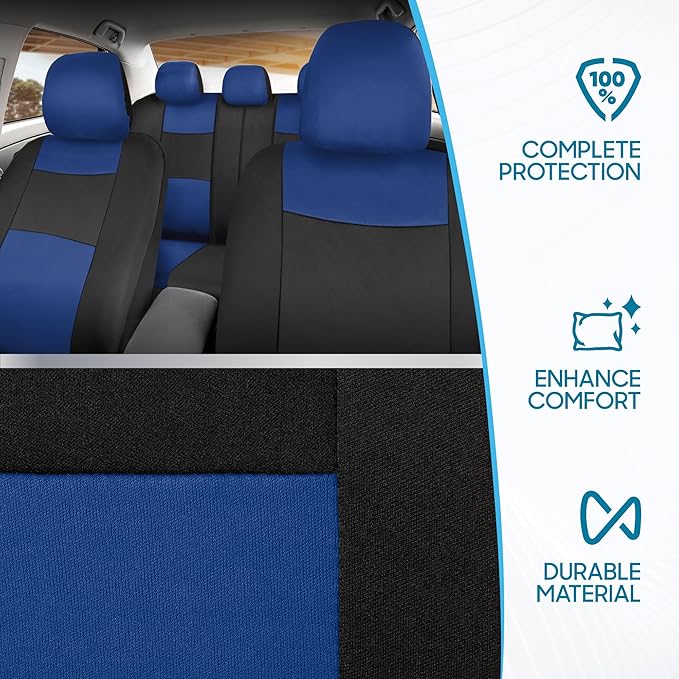 BDK PolyPro Car Seat Covers Full Set in Blue on Black, Front and Rear Split Bench Seat Covers for Cars, Easy to Install Car Seats Cover Set and Accessories for Auto Trucks Van SUV - Blue