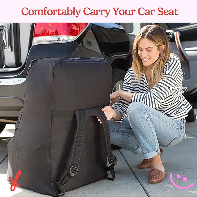 J.L. Childress Padded Backpack Car Seat Bag - Car Seat Travel Bag for Airplane, Cover Fits Most Baby & Infant Carriers & Boosters, Airport Accessories for Gate Check or Baggage Check - Ultimate, Black