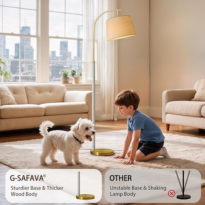 G-SAFAVA 63" Wood Floor Lamps for Living Room with Foot Switch Arc Tall Standing Lamp for Bedroom Mid Century Modern Corner Gold Floor Lamps for Office Nursery Industrial Reading Lamp, White