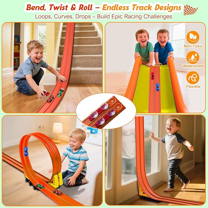 Flexible Race Track Toys for Kids: 15 Ft Rolls Up DIY Racetrack with 4 Cars & 10 Suction Cups - Compatible with Hot Wheels and Diecast 1/64th Cars - Birthday Gifts for Age 3-8 Years Old Boys Girls