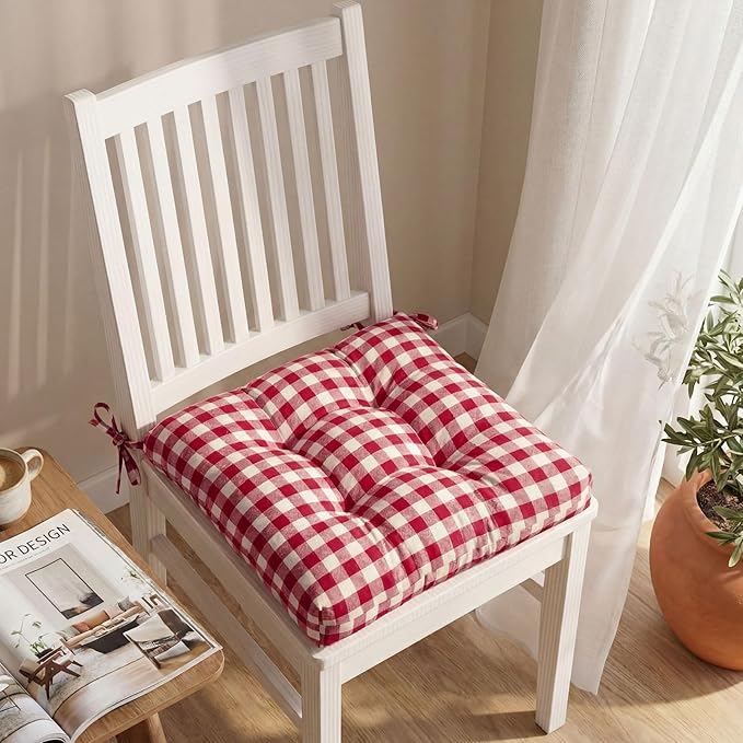 Geetery 4 Pack Chair Cushions for Dining Chairs, 16" x 15" Wine Red and White Kitchen Chair Cushions with Ties Buffalo Plaid Soft Comfy Seat Pads for Home Office Living Room Outdoor Indoor