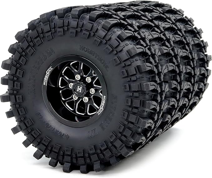 HOBBYSOUL 4pcs -10.5mm Negative Offset 1.9 Beadlock Wheels and Tires, 121mm Tall 1.9'' tyre and Rims for 1/10 RC Mud Crawler SCX10 TRX4 Gen8 Upgrades