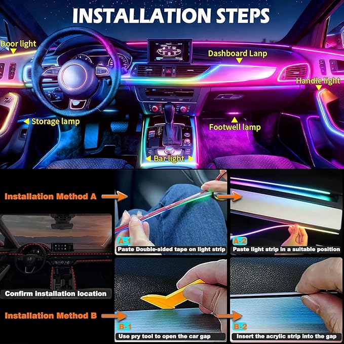 Interior Car LED Strip Lights,Acrylic LED Lights for Car with Dynamic Dreamcolor Chasing,57in USB 2 in 1 RGB Neon Strip Fiber Optic LED Ambient Lighting Kits with Remote APP,for Inside car Decorations