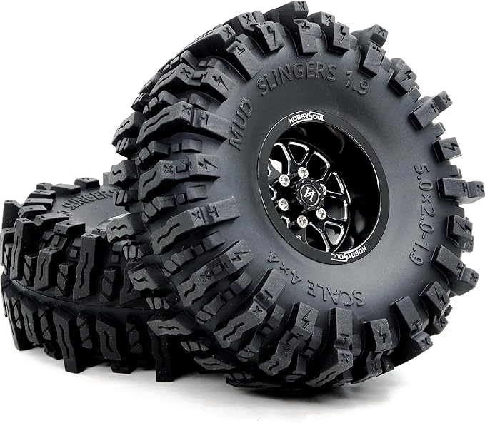 HOBBYSOUL 5.0'' Tall 1.9 Mud Slingers T8 tires & 1.9 Wheels, -10.5mm Negative Offset 1.9 Beadlock wheels and tires For 1/10 Crawler SCX10 TRX4 high Trail Upgrade, HS701547
