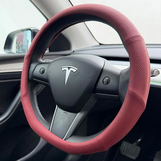 PINCTROT Supported Grip Nappa Leather Steering Wheel Cover for Tesla Model Y/3 Highland/Juniper, D Shaped 14 Inch Small Sized with Breathable Perforation, Flat Bottom 14 Inch(Burgundy Red)
