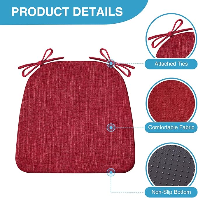 IASEAHK Chair Cushions for Dining Chairs Set of 4, Non Slip Kitchen Chair Pads, 17" x 16" x 2", Indoor Dining Chair Cushions with Ties, D-Shaped Seat Cushions for Kitchen Chairs, Red